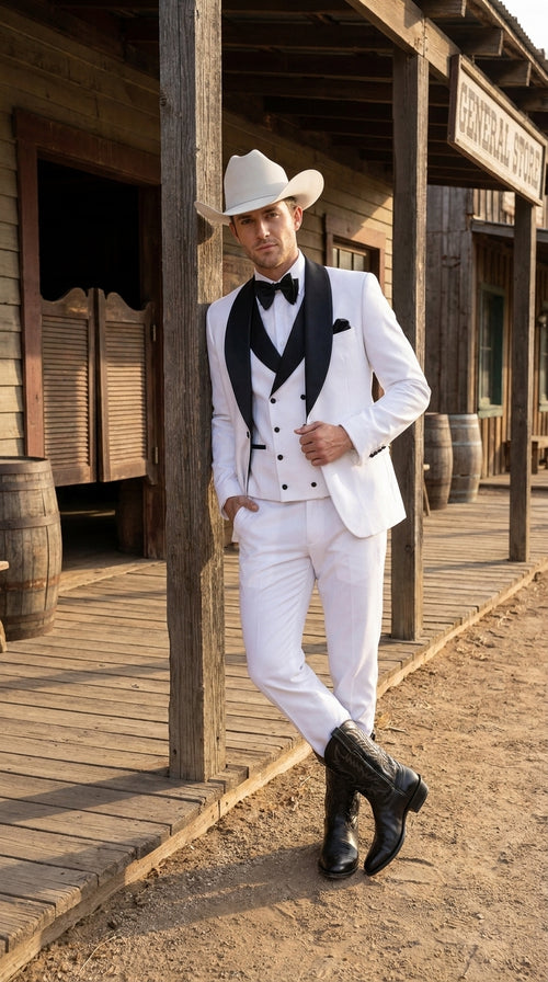 Men’s White and Black Western Wedding Tuxedo – Cowboy Style 3-Piece Traje para Boda with Double-Breasted Vest