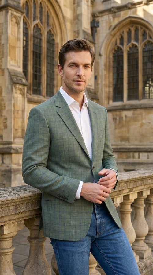 Men’s Sage Green Windowpane 2-Piece Suit – Modern Fit Plaid Wedding, Business and Formal Suit