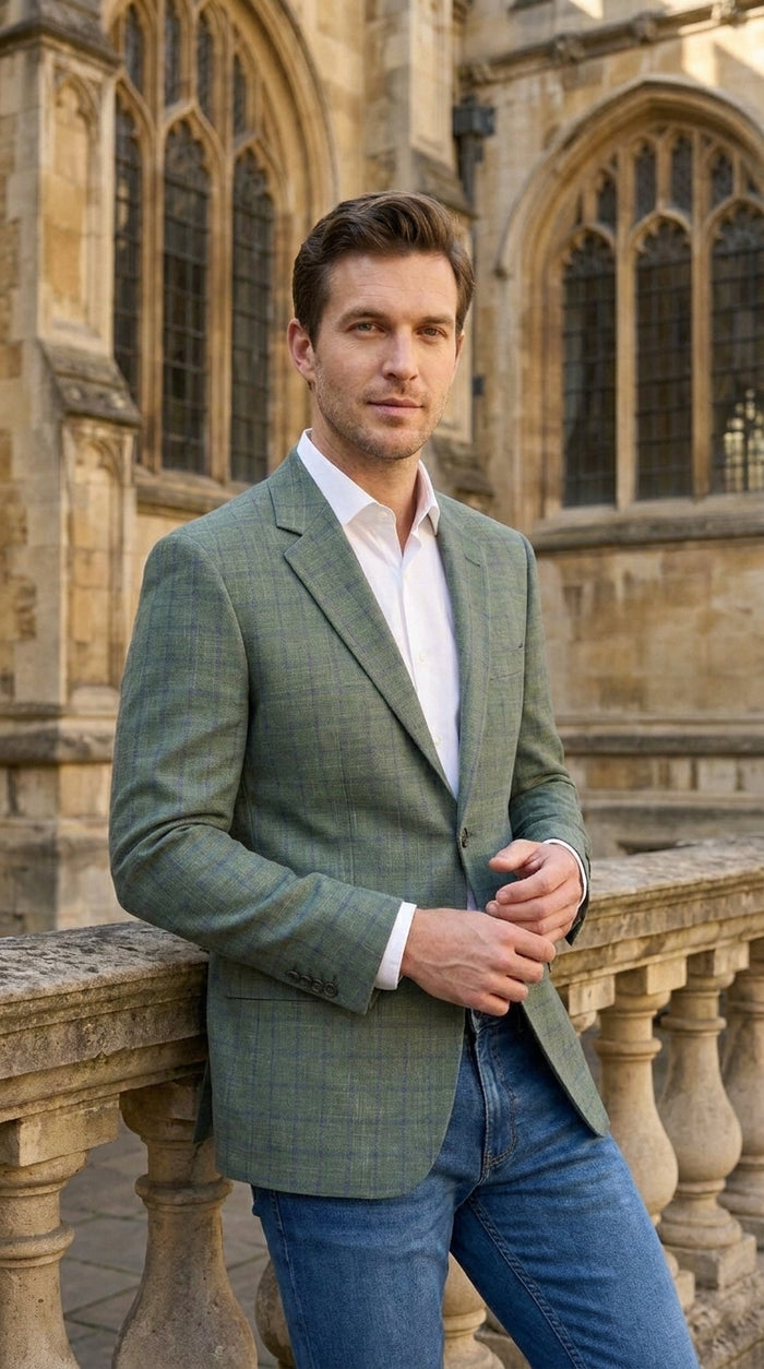 Men’s Sage Green Windowpane 2-Piece Suit – Modern Fit Plaid Wedding, Business and Formal Suit
