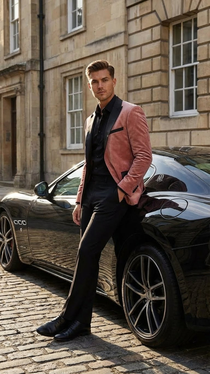 Men’s Dusty Rose Pink Velvet Blazer with Black Satin Lapel - Formal Sport Coat in Mauve Color + Bowtie USA Men's Outlet
