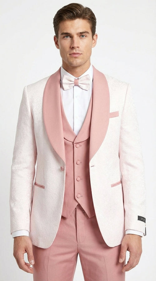 Men’s Cream and Rose Pink Prom Suit – Cream Tuxedo Jacket with Rose Pink Pants and Shawl Lapel Formal Suit for Prom and Wedding