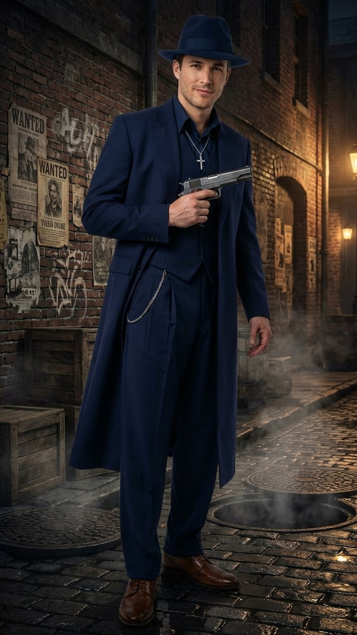Men’s Navy Blue 1920s Zoot Suit - Long Mafia Gangster Three-Piece Vintage Costume Set Zuit Pachuco Style USA Men's Outlet