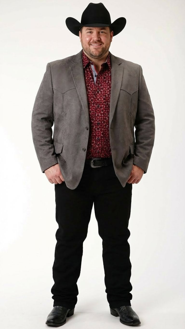 Saco Vaquero Men’s Charcoal Gray Western Faux Suede Blazer – Double Button Cowboy Jacket for Wedding & Party Wear