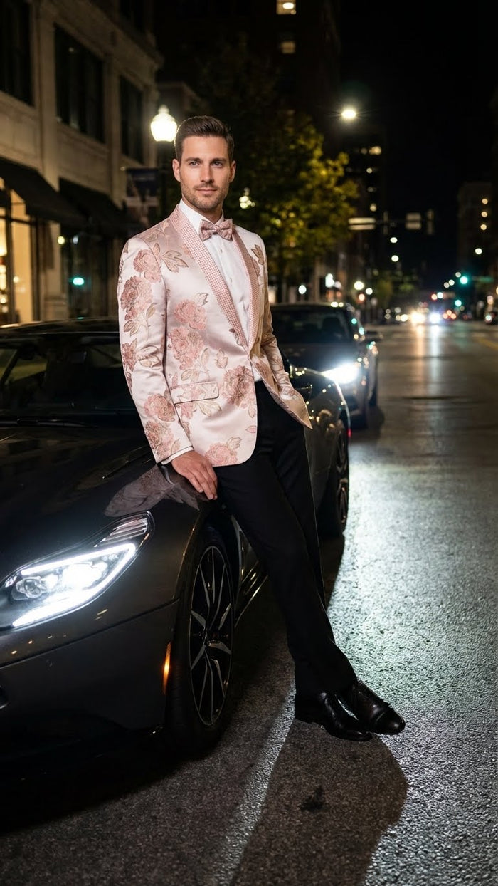 Men’s Pink Blush Floral Jacquard Blazer with Embellished Shawl Lapel - Luxury Party and Wedding Wear Jacket by USA Men's Outlet