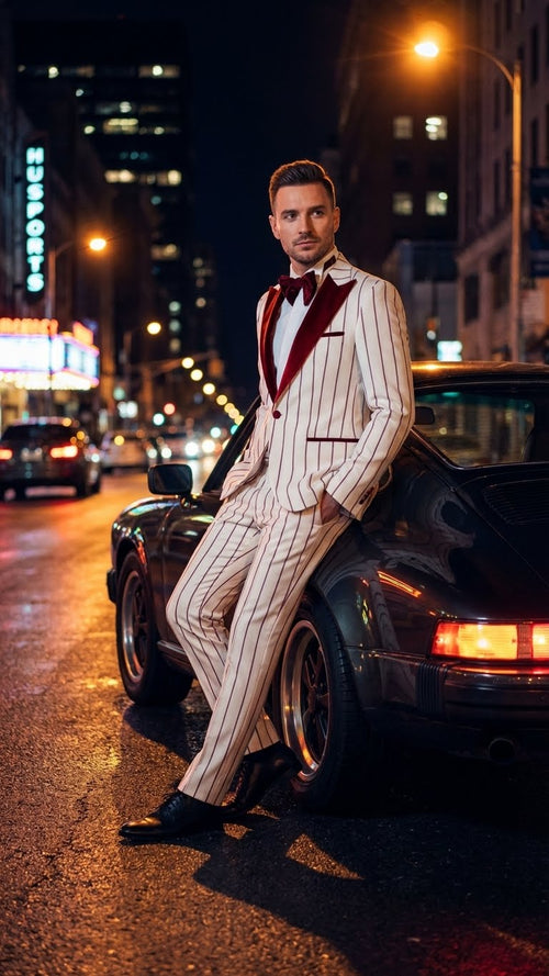 Men’s White and Dark Red Pinstripe Tuxedo with Velvet Shawl Lapel - Formal Dinner Blazer Prom Christmas New Year Holiday Suit by USA Men's Outlet