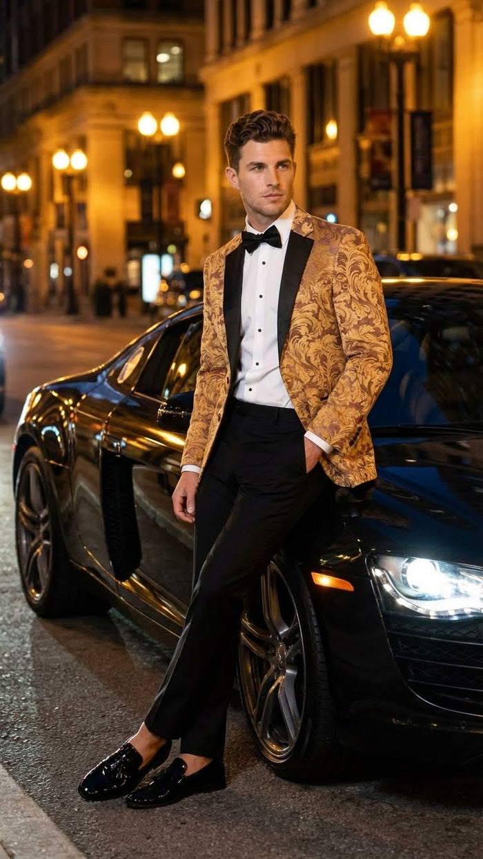 Men’s Yellow Gold Baroque Pattern Tuxedo Blazer Suit - Party and Wedding Jacket Prom Paisley Black Pants USA Men's Outlet