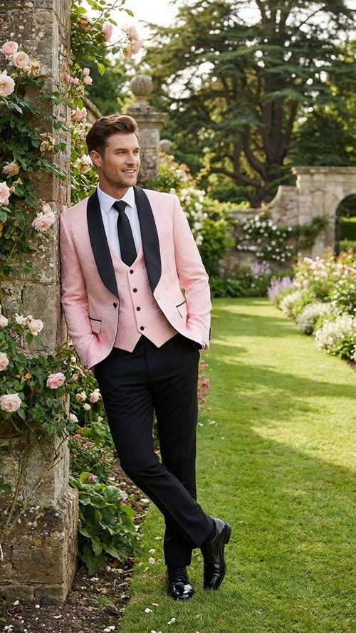 Men’s Blush Pink Tuxedo Suit Set with Black Shawl Lapel - 3 Piece Formal Wedding and Party Prom Vest + Black Pants by USA Men's Outlet