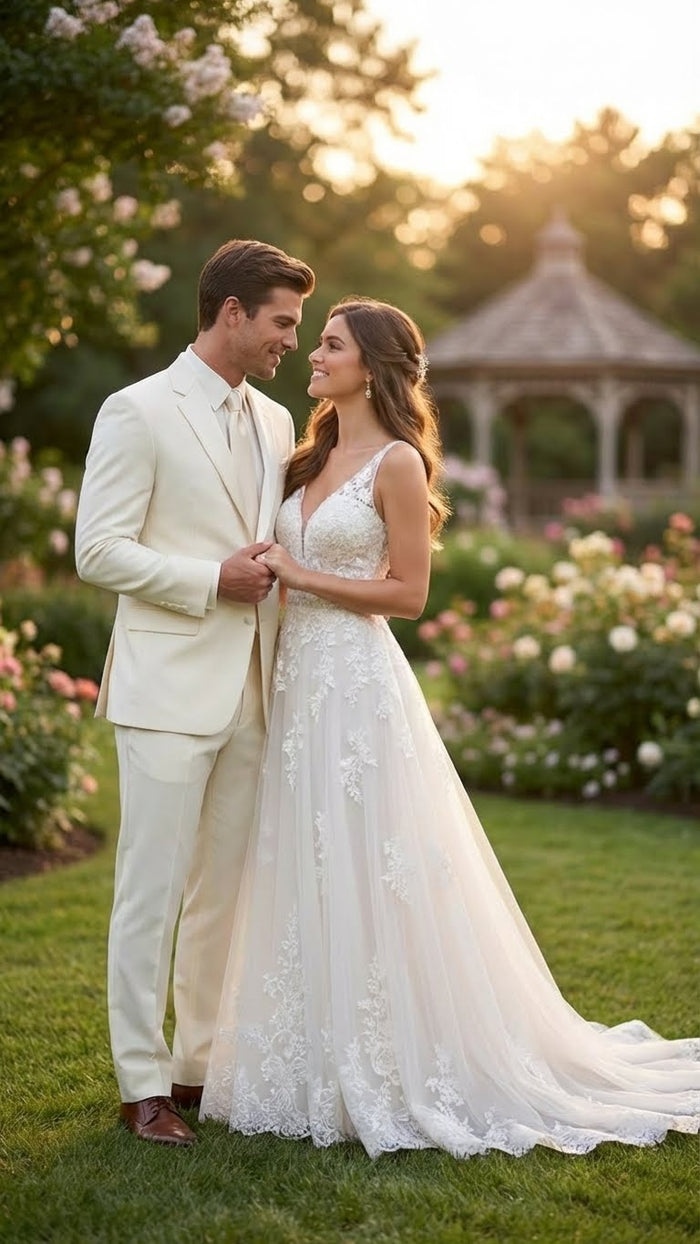 Men’s Ivory Tuxedo Suit with Satin Notch Lapel - Formal Wedding and Evening Wear Suit in Cream Off White Color by USA Men's Outlet