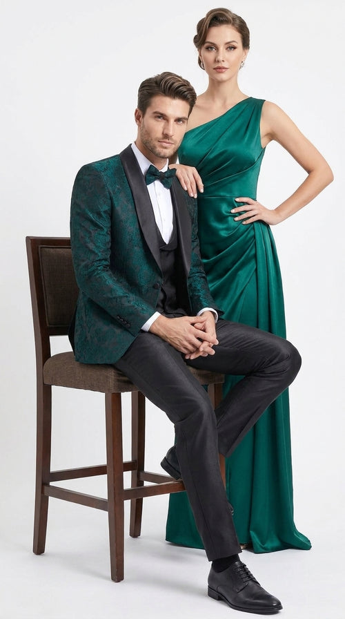 Tazzio Men’s Hunter Green & Black Paisley Tuxedo – Skinny Fit Shawl Collar 3-Piece Prom and Wedding Suit