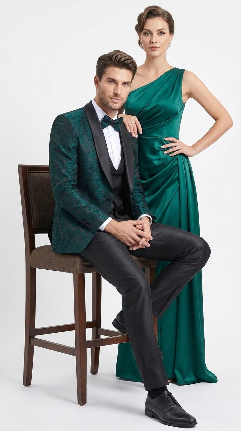 Tazzio Men’s Hunter Green & Black Paisley Tuxedo – Skinny Fit Shawl Collar 3-Piece Prom and Wedding Suit