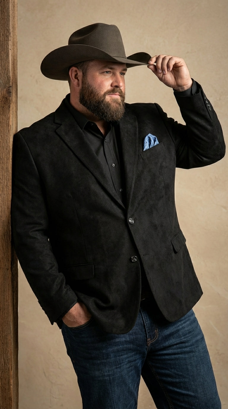 Men’s Black Suede Cowboy Blazer with Elbow Patch Sleeves – Black Western Style Suede Sport Coat for Casual and Smart Casual Wear