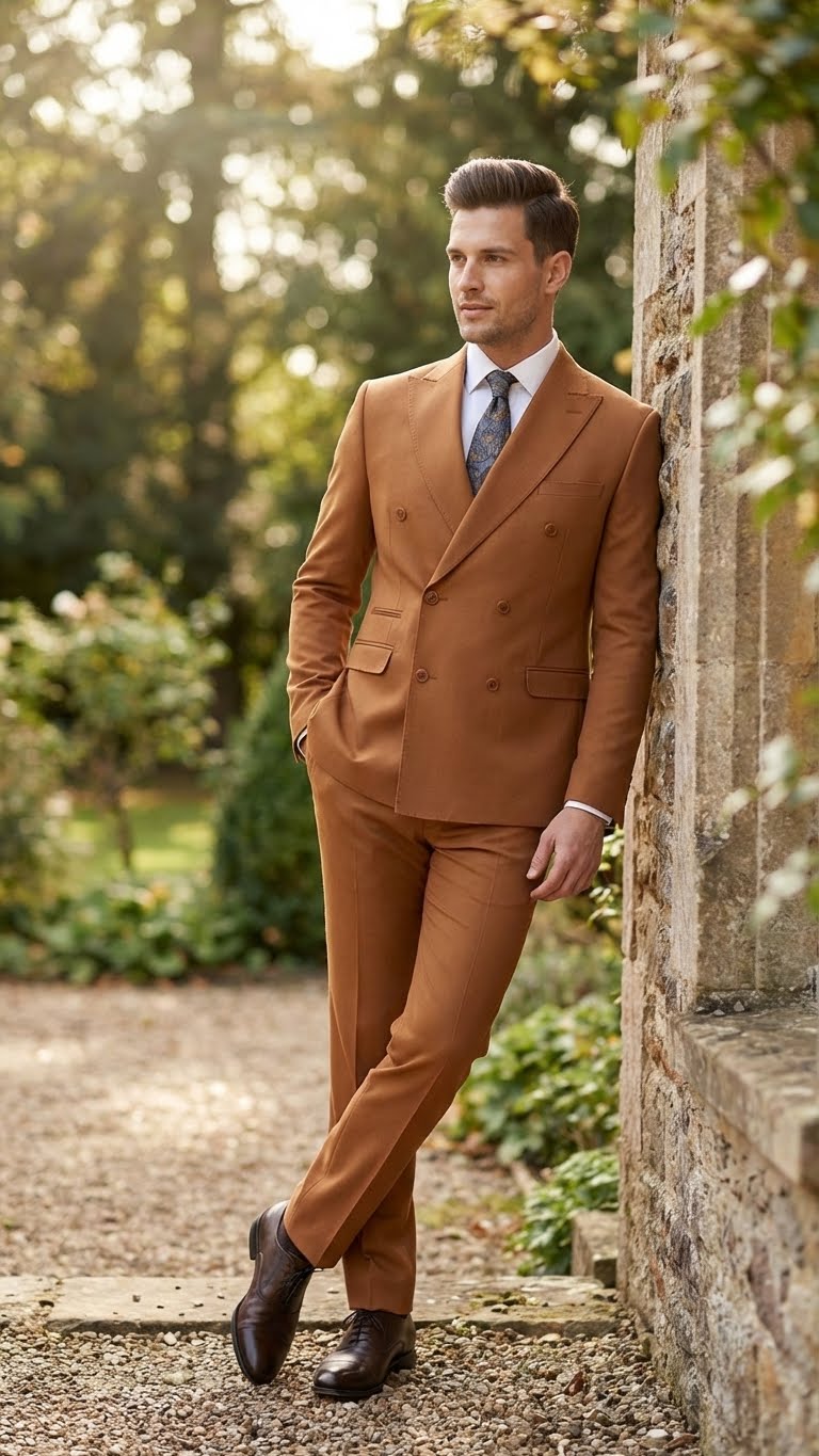 Men’s Vitali Brand Rustish Orange Brown Copper Color Double Breasted Slim Fit Suit
