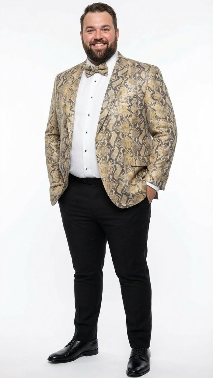 Men’s Beige and Black Snakeskin Print Blazer - Alligator Crocodile Exotic Sking Sport Coat Jacket in Tan Camel Color USA Men's Outlet