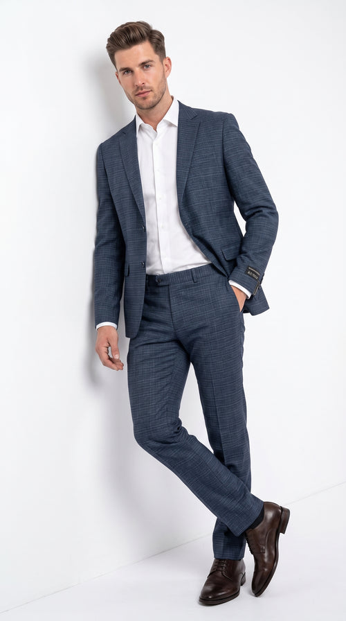 Men's Blue Micro Check Hounstooth small windowpane plaid  3-Piece Suit – Vested Slim Fit Business, Wedding & Formal Suit