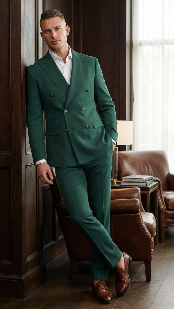 Vitali Brand Men’s Emerald Green Double Breasted Suit - Modern Fit Side Vented by USA Men's Outlet