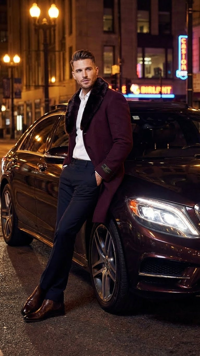 Men’s Burgundy Three Quarter Coat with Faux Fur Collar Overcoat - Luxury Winter Outerwear Three Quarter Carcoat Topcoat by USA Men's Outlet