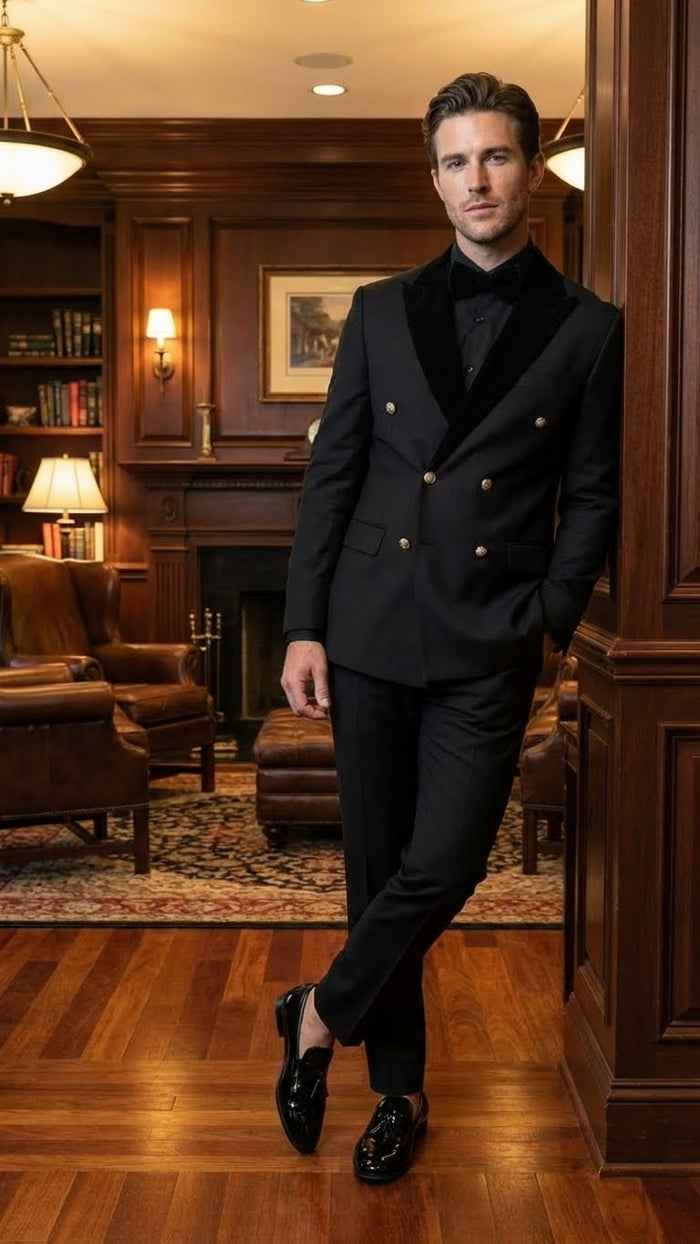 Men’s Black Double Breasted Tuxedo Suit - Luxury Formal Dinner Jacket Gold Buttons Velvet Lapel by USA Men's Outlet