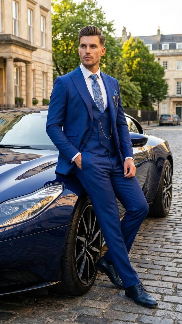 Men’s Royal Blue 3 Piece Suit Set with Vest - Formal Wedding and Party Wear Suit - Saphire Cobalt blue by USA Men's Outlet