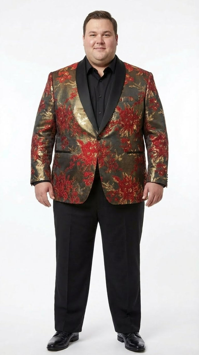 Men’s Red and Gold Floral Pattern Paisley Shawl Lapel - Luxury Evening and Party Wear Jacket Prom Christmas New Year Blazer by USA Men's Outlet