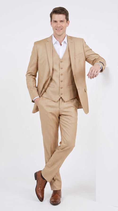 Men’s Camel Khaki Bronze Sharkskin 3-Piece Suit – Modern Wedding, Business and Formal Suit with Matching Vest