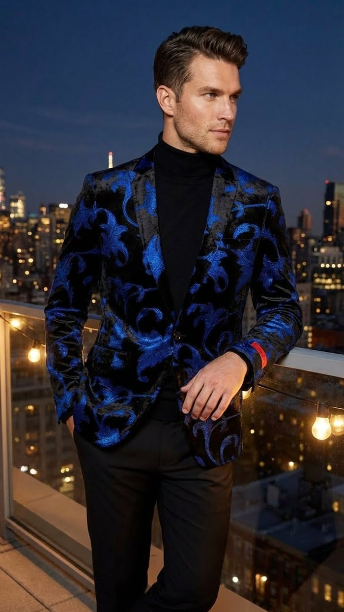 Men’s Black and Royal Blue Patterned Blazer - Paisley Floral Sport Coat Prom Jacket by USA Men's Outlet