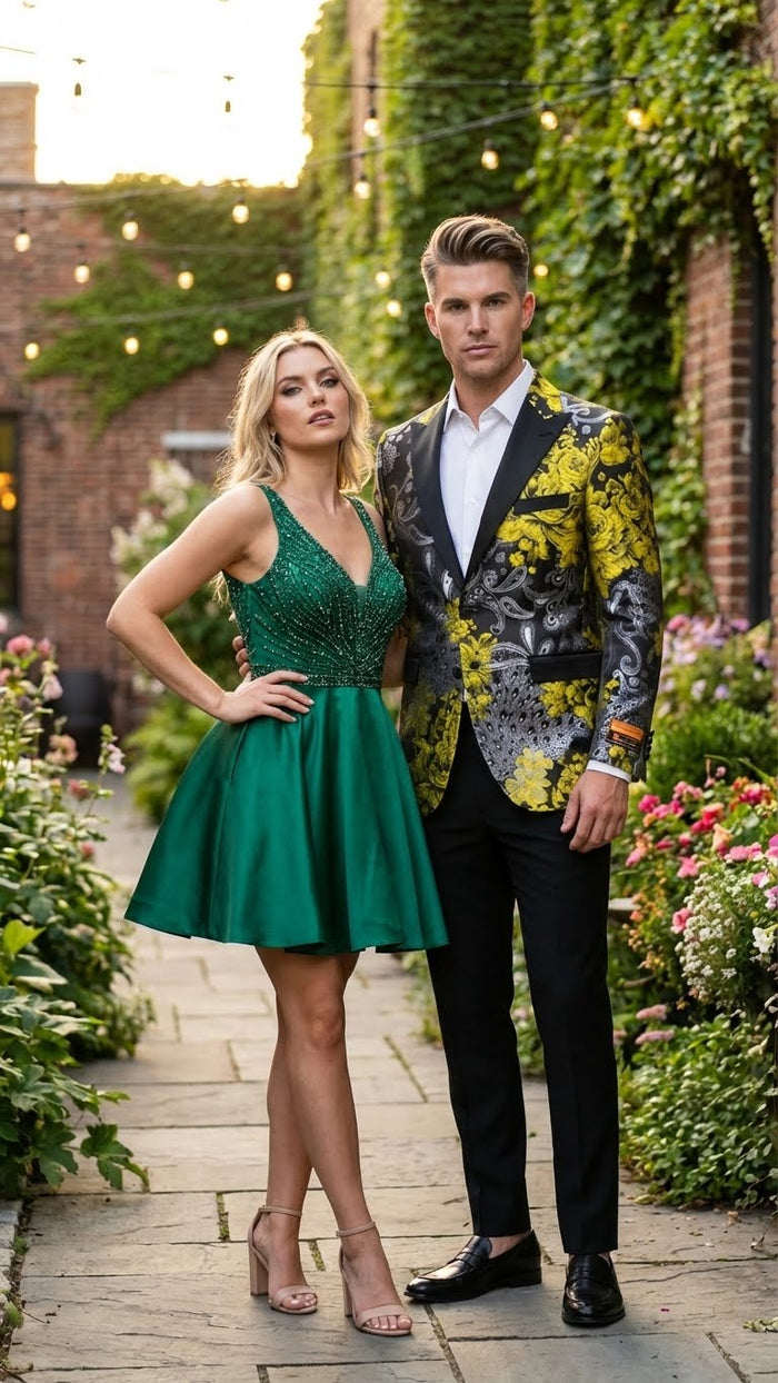 Men’s Yellow Tuxedo Black and Gold Floral Pattern Blazer - Formal Jacket - Prom Dinner Jacket + Black Pants + Bowtie by USA Men's Outlet
