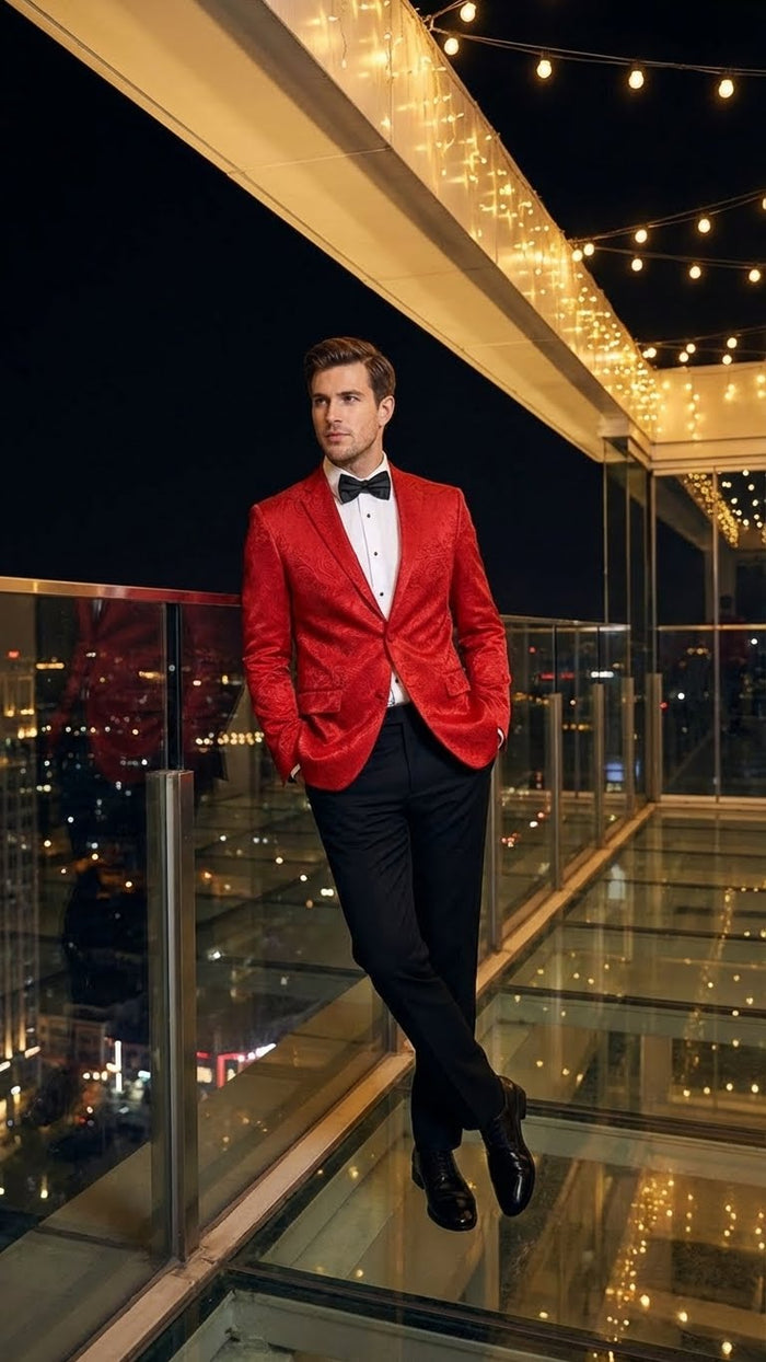 Men’s Red Paisley Velvet Blazer - Christmas new year Sport Coat Jacket - Prom 2026 Collection USA Men's Outlet