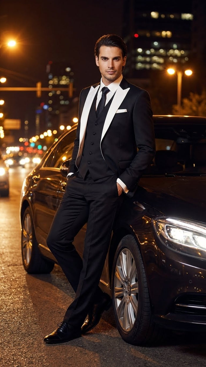 Men’s Black and White Lapel Prom Tuxedo Suit + Black Vest + Black Pants Peak Lapel USA Men's Outlet