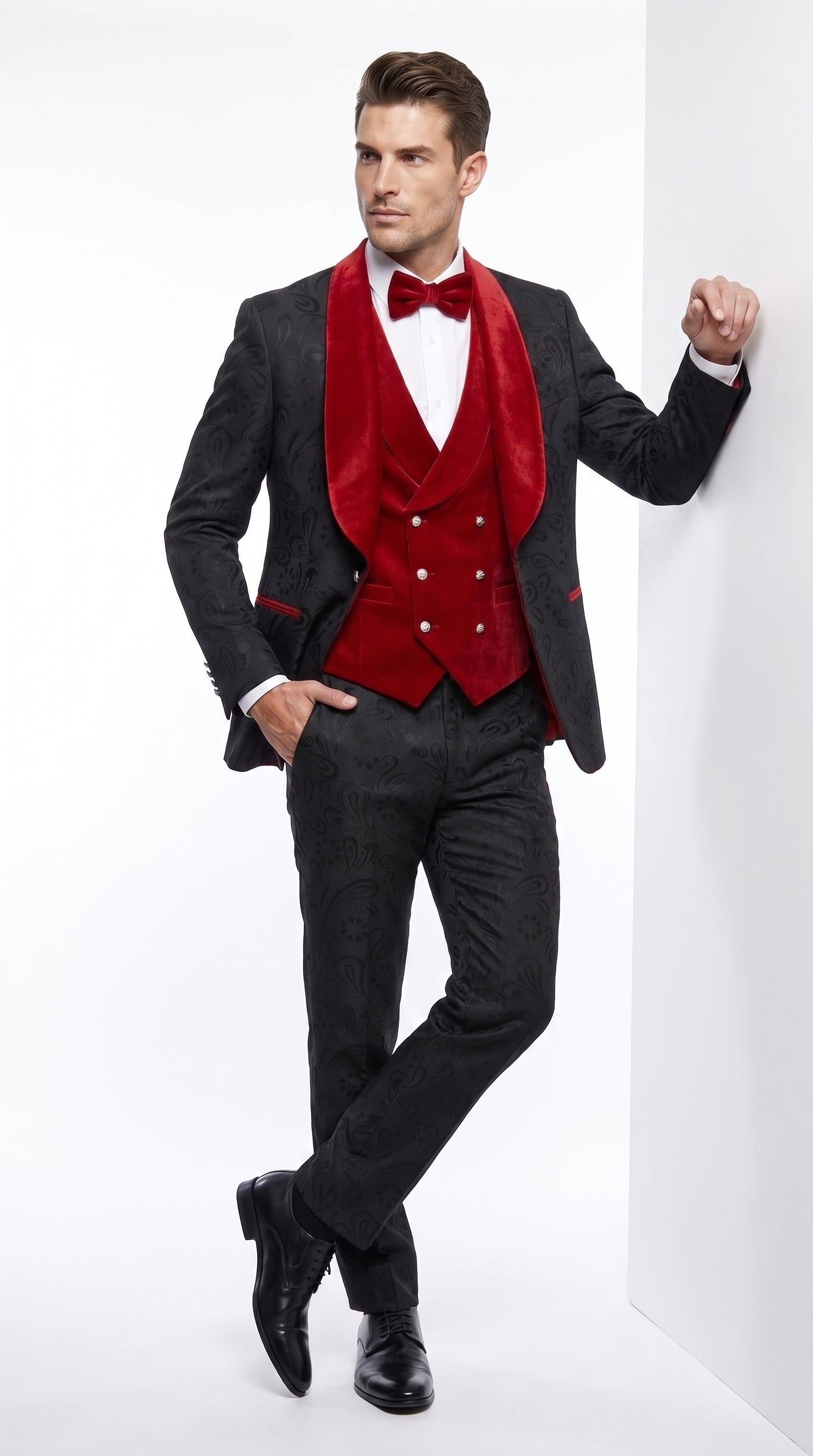 Men’s Black Paisley Tuxedo with Red Velvet Shawl Lapel – 3 Piece Wedding Prom Suit With Matching Bowtie