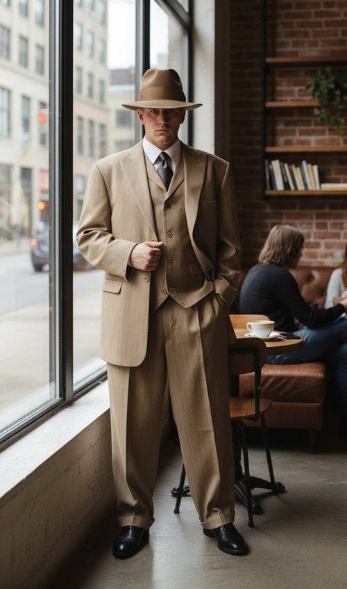 Mens Tan Pinstripe Three Button Suit – 1920s Gangster Vintage 3-Piece Suit with Wide-Leg Pants and Fedora Style in Beige Color