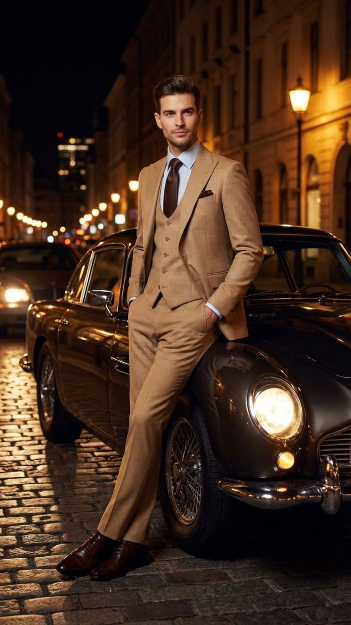 Men's Tan Three-Piece Suit with Vest - Classic Tailored Fit in camel khaki Bronze color By Rossiman USA Men's Outlet