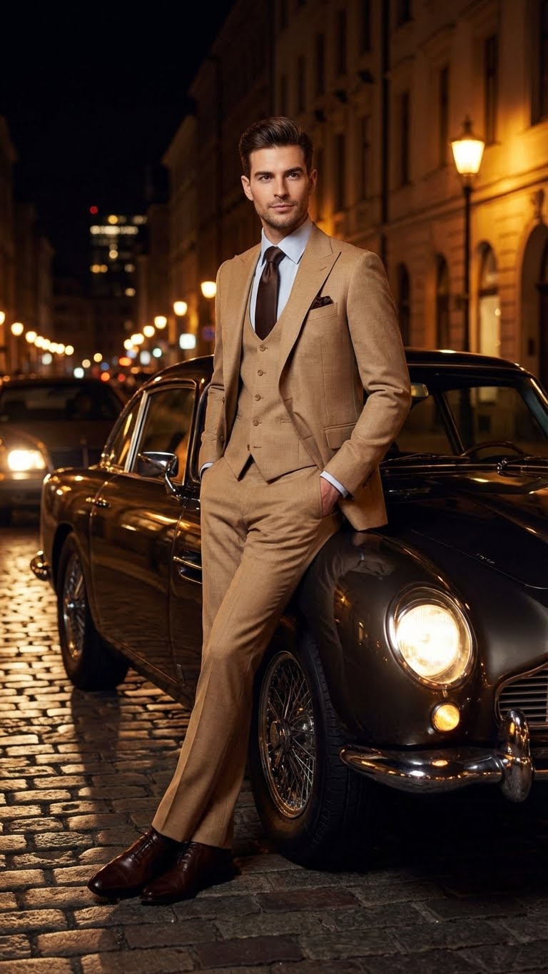Men's Tan Three-Piece Suit with Vest - Classic Tailored Fit in camel khaki Bronze color By Rossiman USA Men's Outlet