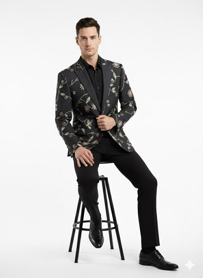 Luxury Black Floral Embroidered Blazer for Men - Designer Party and Wedding Wear Jacket by USA Men's Outlet