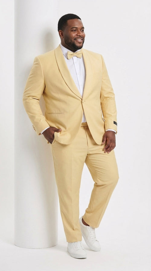 Men’s Light Yellow Shawl Lapel Tuxedo – Modern Wedding, Prom & Groom Formal Suit + Matching bowtie