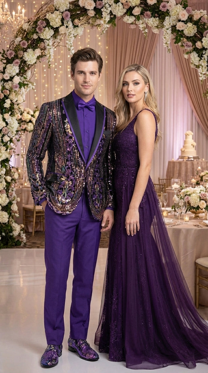 Mens Mardi Gra Black and Purple and Gold Sequin Tuxedo Jacket Set – Designer with Floral Pattern Jacket Formal Wedding Party Wear Bowtie