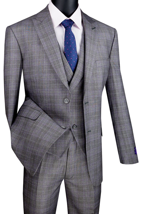 Mens 2 Button Sharkskin Suit with Double Breasted Vest in Grey by Vinci