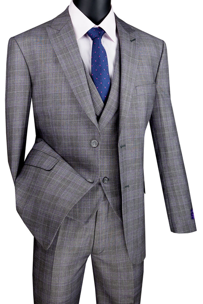 Mens 2 Button Sharkskin Suit with Double Breasted Vest in Grey by Vinci