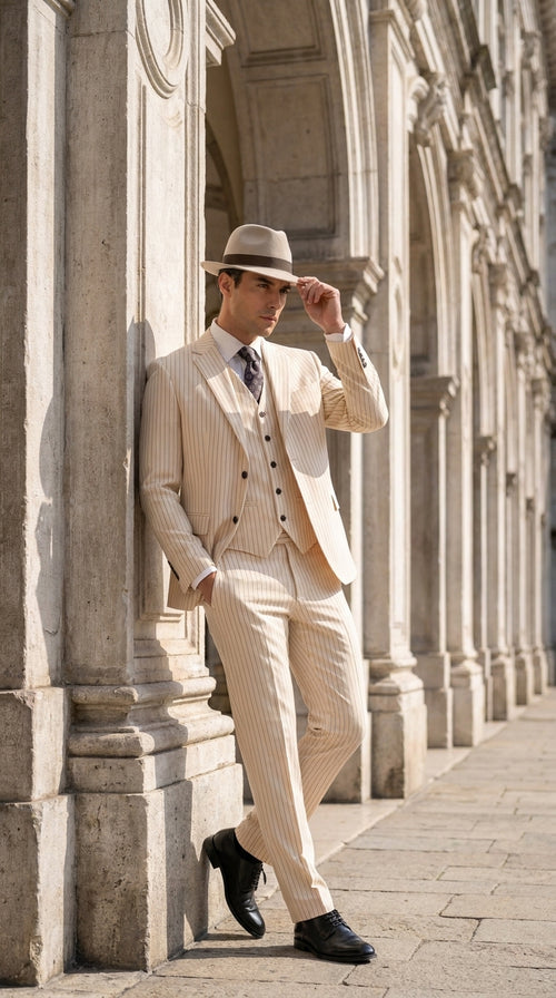 Men’s Ivory Cream Pinstripe Scarface Suit – Vintage Gangster Modern Fit 3-Piece Wedding Suit