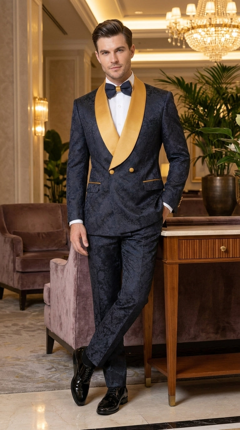 Men’s Black and Gold Hollywood Tuxedo – Double-Breasted Shawl Lapel Prom, Wedding and Formal Suit