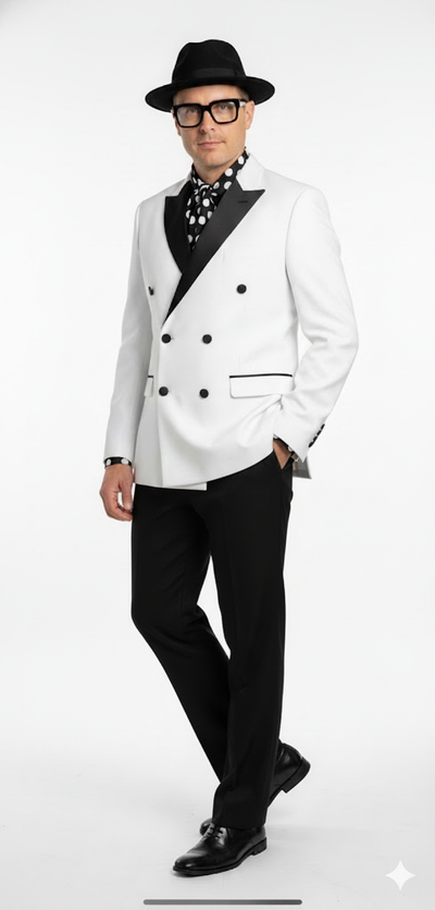 Men’s White and Black Double-Breasted Tuxedo – Modern Slim Fit Formal Suit for Weddings, Parties, and Special Occasions