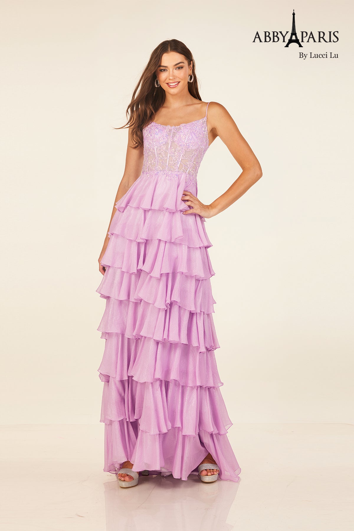 Abby Paris 90326 Applique Corset Tiered Evening Gown by Lucci Lu