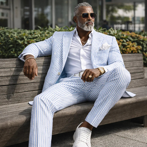 Inserch Mens Premium Cotton Seersucker Stripe Suit – Light Blue