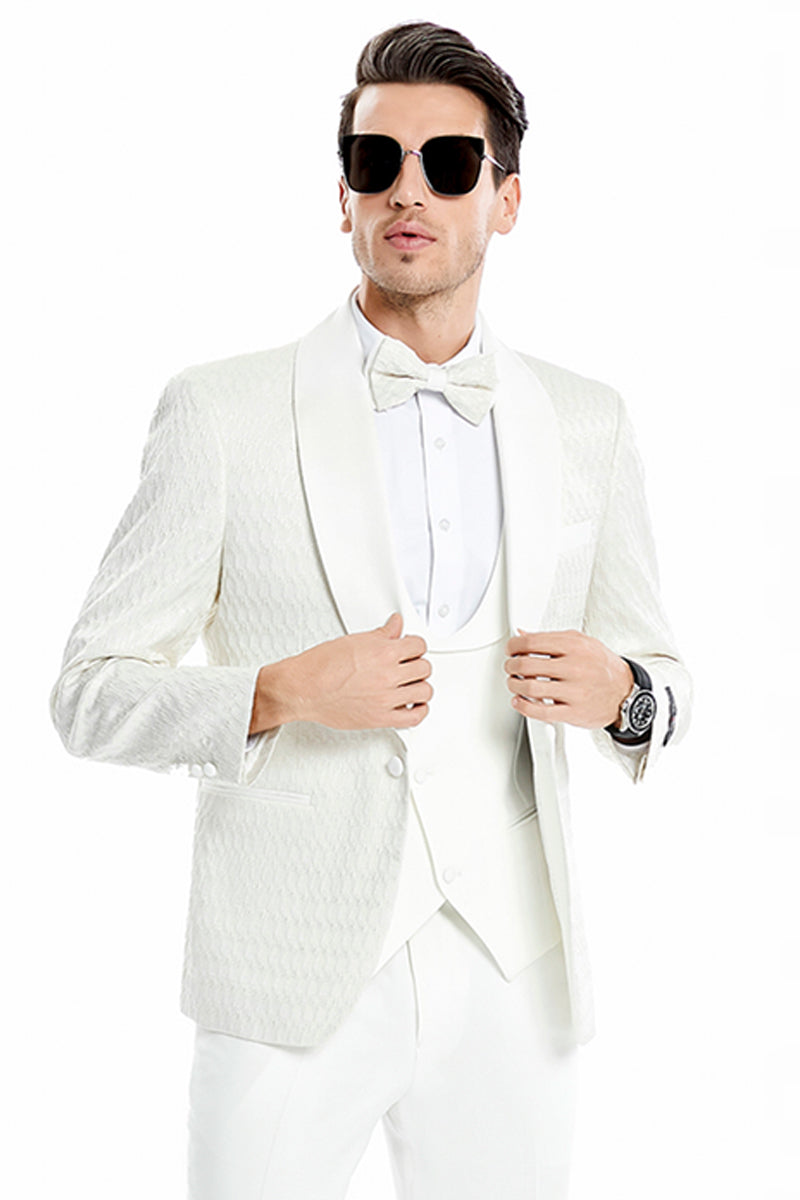 Men's Vested Ivory Suit with Honeycomb Lace Detail