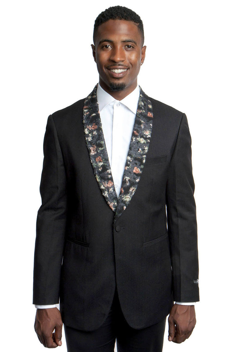 Men's Slim Fit Dinner Jacket in Black with Floral Lapel