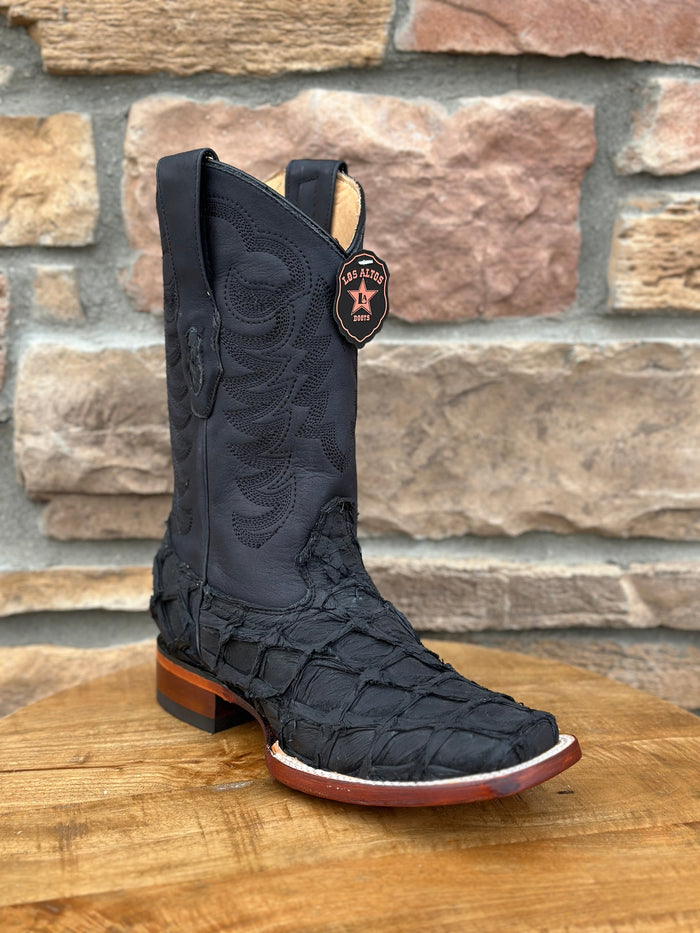 Los Altos Piraruccu Suede Black Wide Square Toe Boots