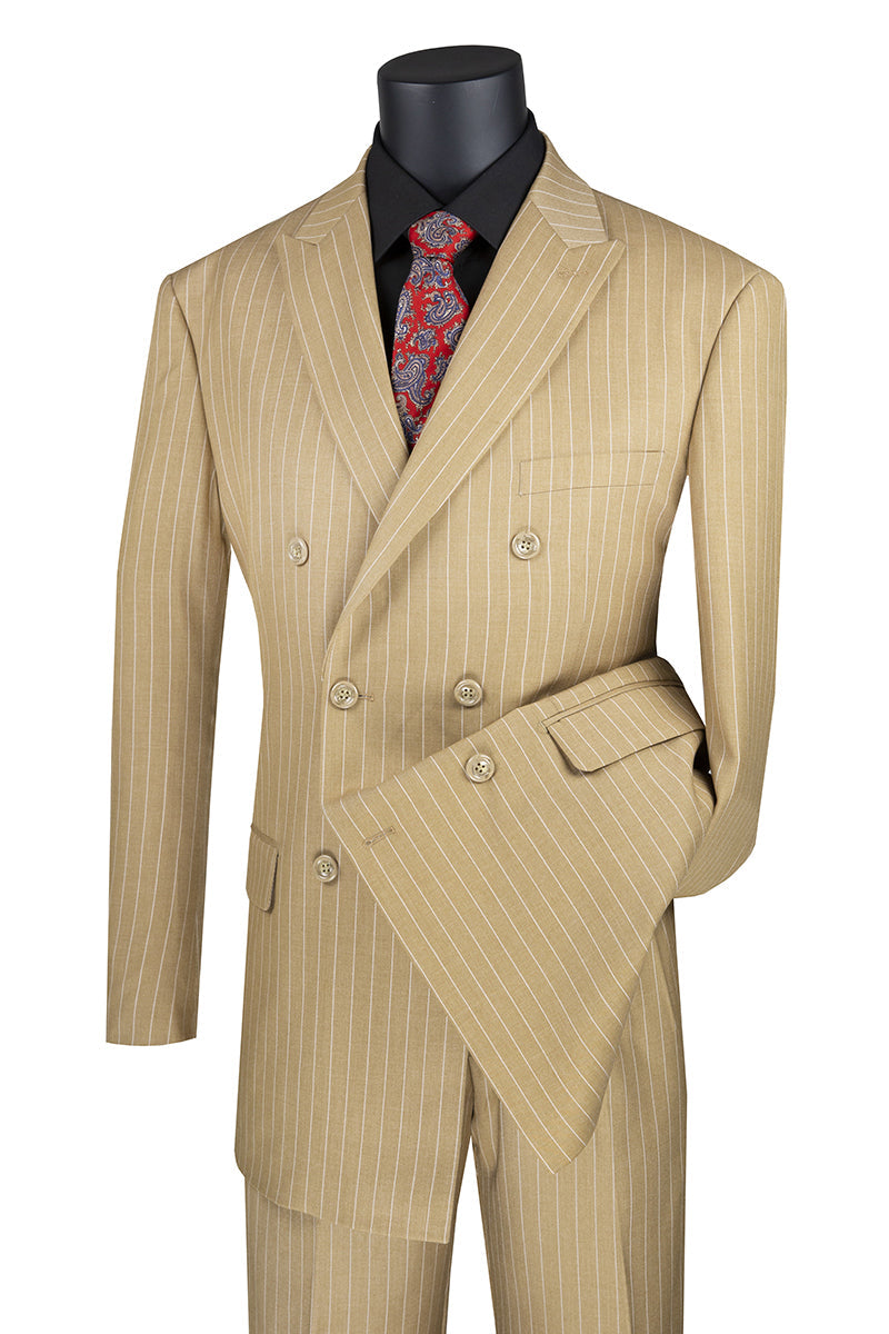 Men's Double Breasted Gangster Pinstripe Suit in Camel