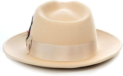 Gangster 100% Australian Wool Crushable Mens Fedora Hat - Removable Feather Gangster  Tan Mens Fedora Hat
