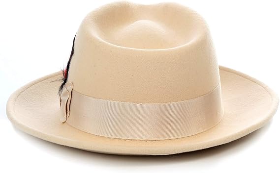 Gangster 100% Australian Wool Crushable Mens Fedora Hat - Removable Feather Gangster  Tan Mens Fedora Hat