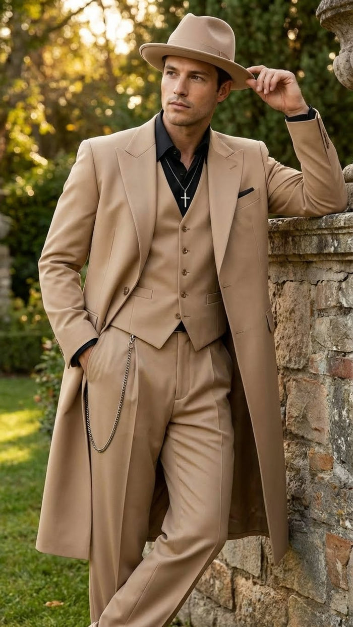 Men’s 1920s Beige Zoot Suit - Long Mafia Gangster Three-Piece Suit in Tan Khaki Color 40 inch Zuit Pachuco Suit by USA Men's Outlet