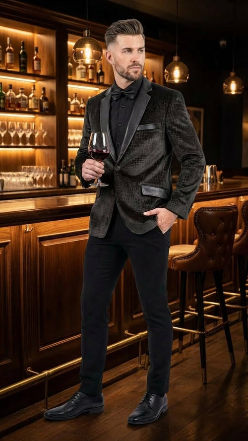 Men’s Crocodile Alligator Exotic skin Texture Blazer - Slim Fit Designer Jacket with Satin Lapels for Formal and Party Wear in Black Color USA Men's Outlet